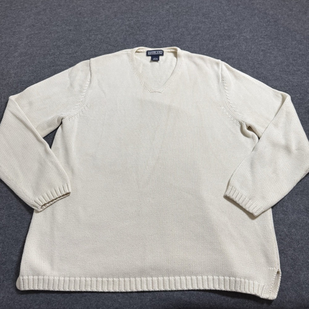 VTG 90s Lands End Womens 100% Cotton V Neck‎ Knit Sweater Size L (14-16) Indie